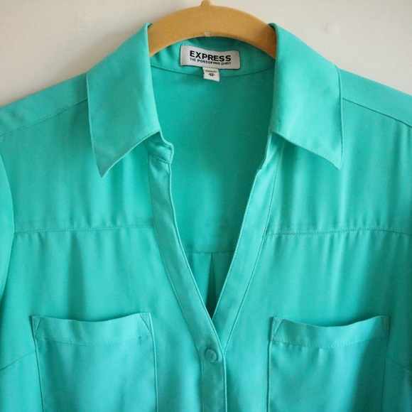 Express Teal Long Sleeve Button Up Blouse Top - Picture 3 of 8